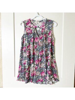 Umgee Womens Floral Sleeveless Tunic Top Gray Pink Rose Print Cotton Blend Small